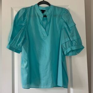 Ann Taylor Turquoise Puff Sleeve V-Neck Blouse